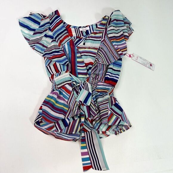 Parker Blouse Women small Multicolor Striped Flutter Sleeve Huntington Top new - Picture 1 of 9